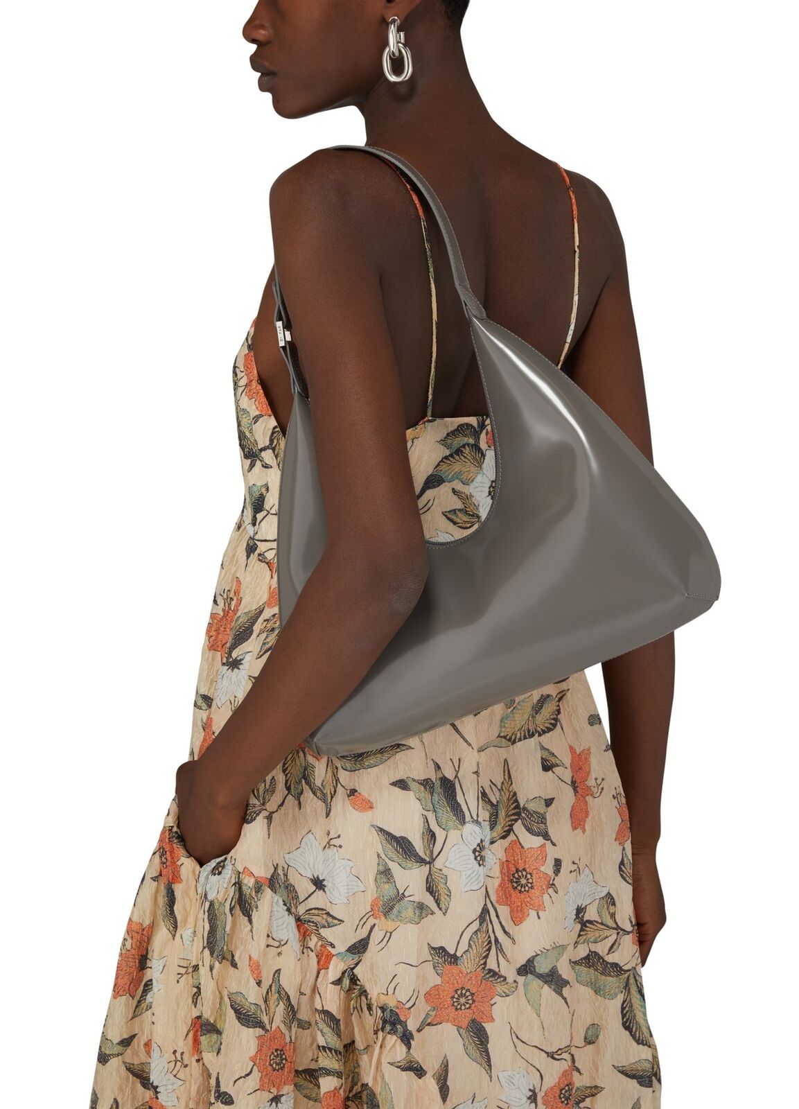 BY FAR Amber Grey Patent Leather Small Zip Hobo Shoulder Bag Purse