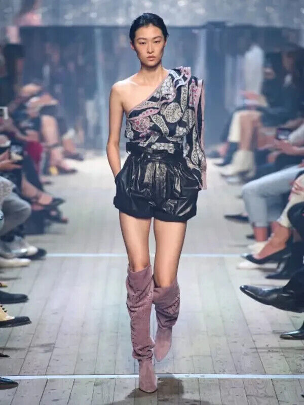 ISABEL MARANT SS19 Joren Black Pink Grey Floral Print One Shoulder Blouse 34/0/2