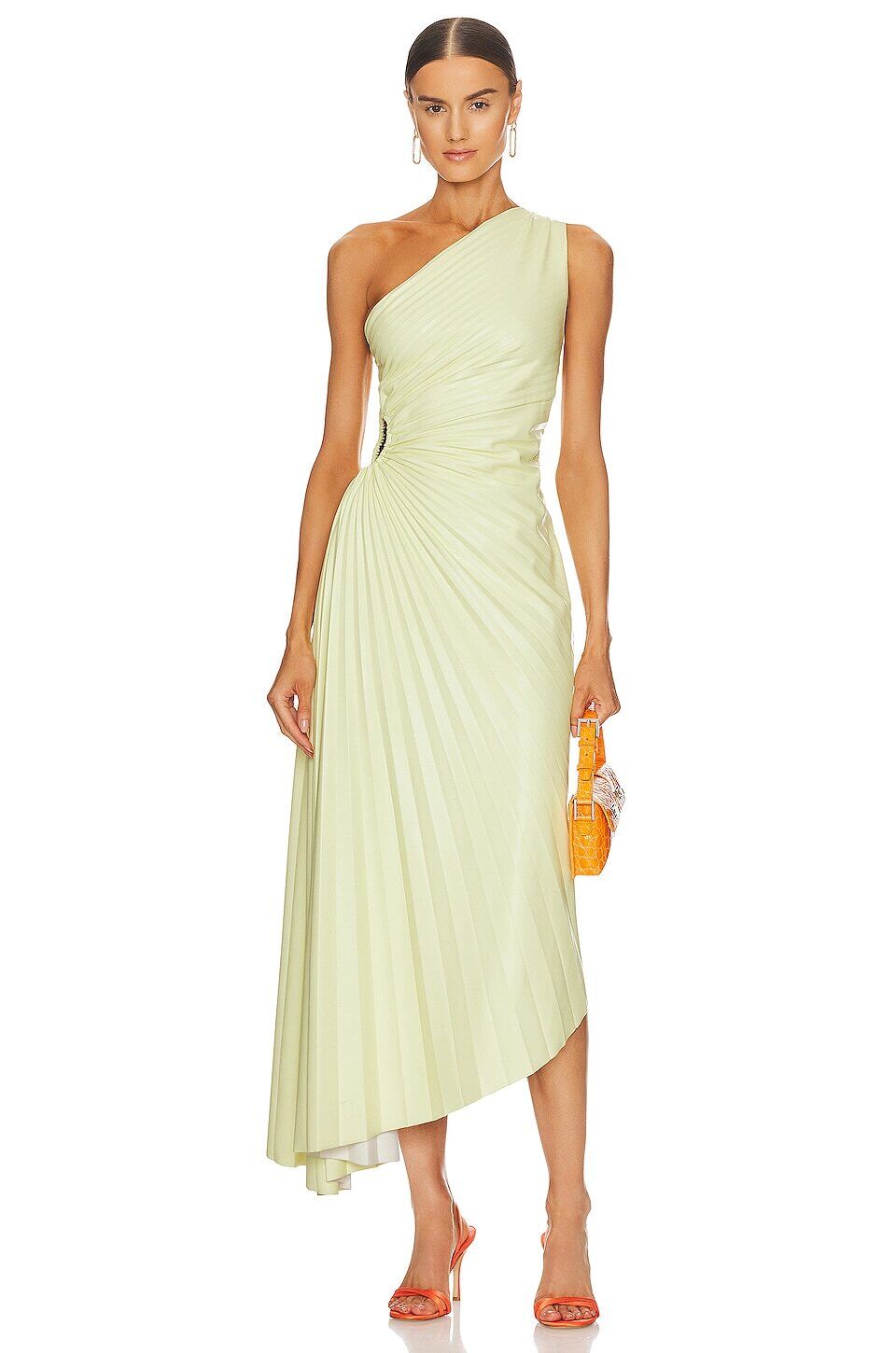 ALC A.L.C. Delfina Canary Yellow Vegan Faux Leather One Shoulder Pleated Dress M