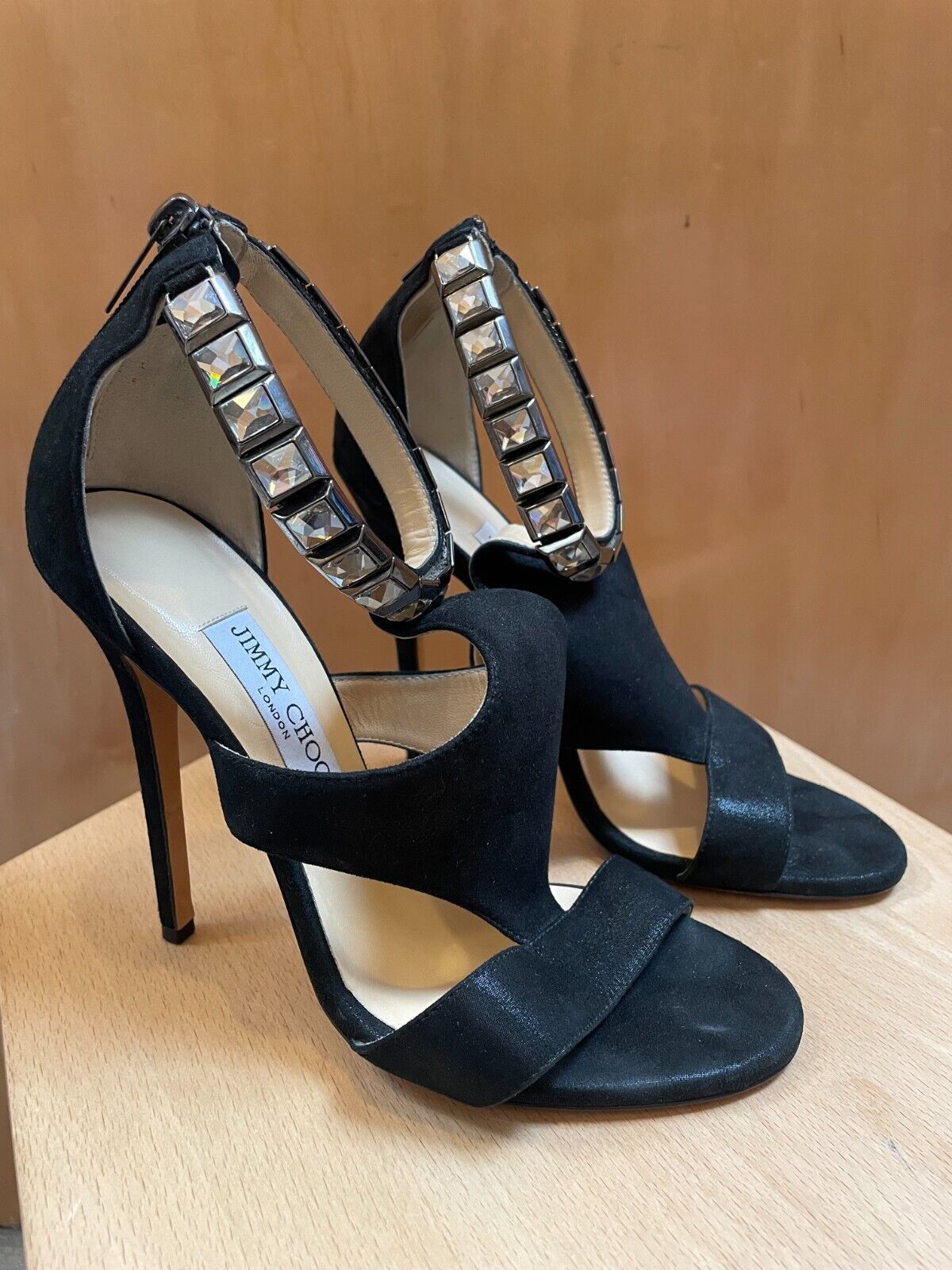 JIMMY CHOO Halo Black Suede Leather Rhinestone Shimmer Cut Out Stiletto Heel 38