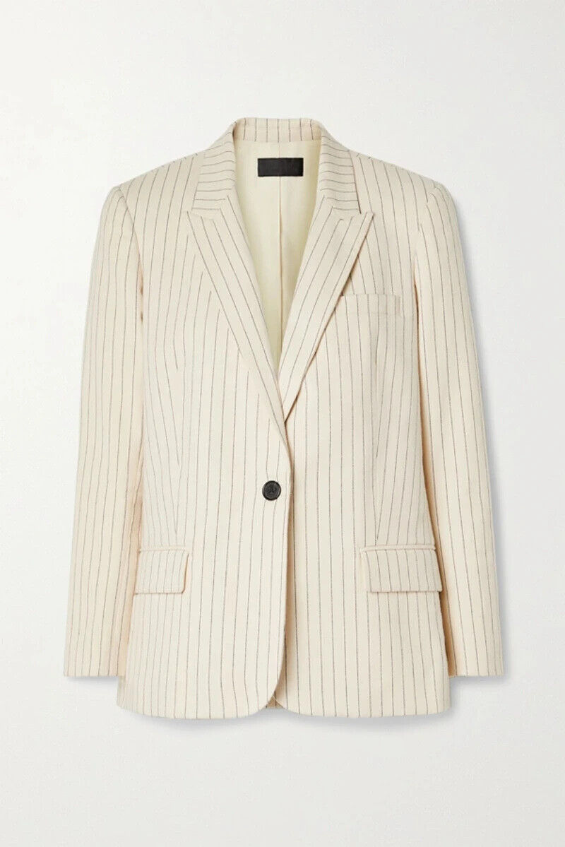NILI LOTAN Don Cream Ivory Navy Pinstripe Print Single Breasted Jacket Blazer 0