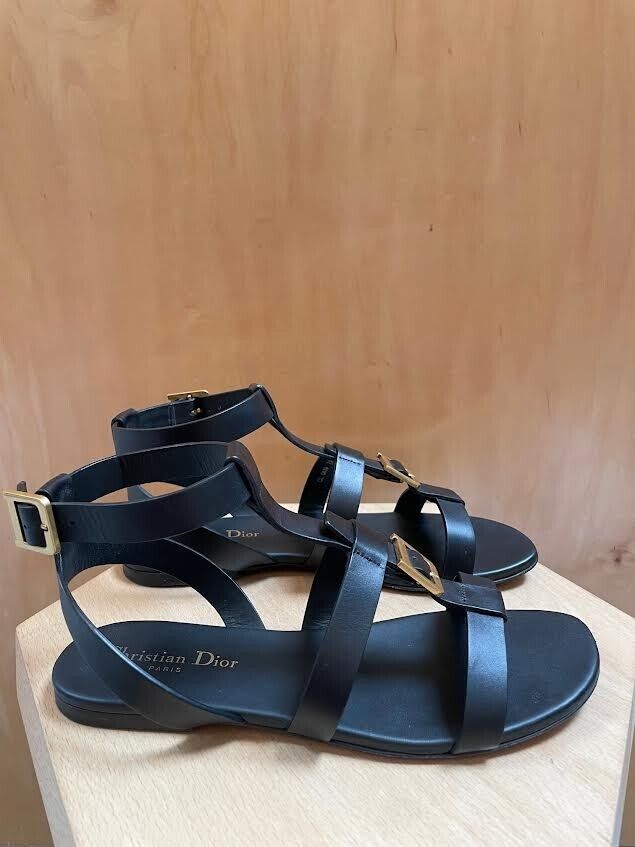 CHRISTIAN DIOR Double-D Black Leather Buckle Strappy Gladiator Flat Sandal 38/8