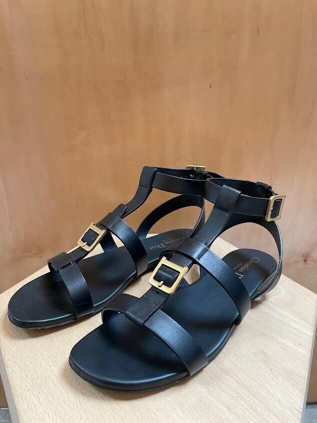 CHRISTIAN DIOR Double-D Black Leather Buckle Strappy Gladiator Flat Sandal 38/8