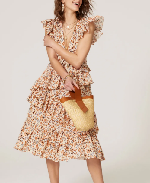 ULLA JOHNSON Madeline Ruffled Tiered Floral Sleeveless Orange Creme Midi Dress 4