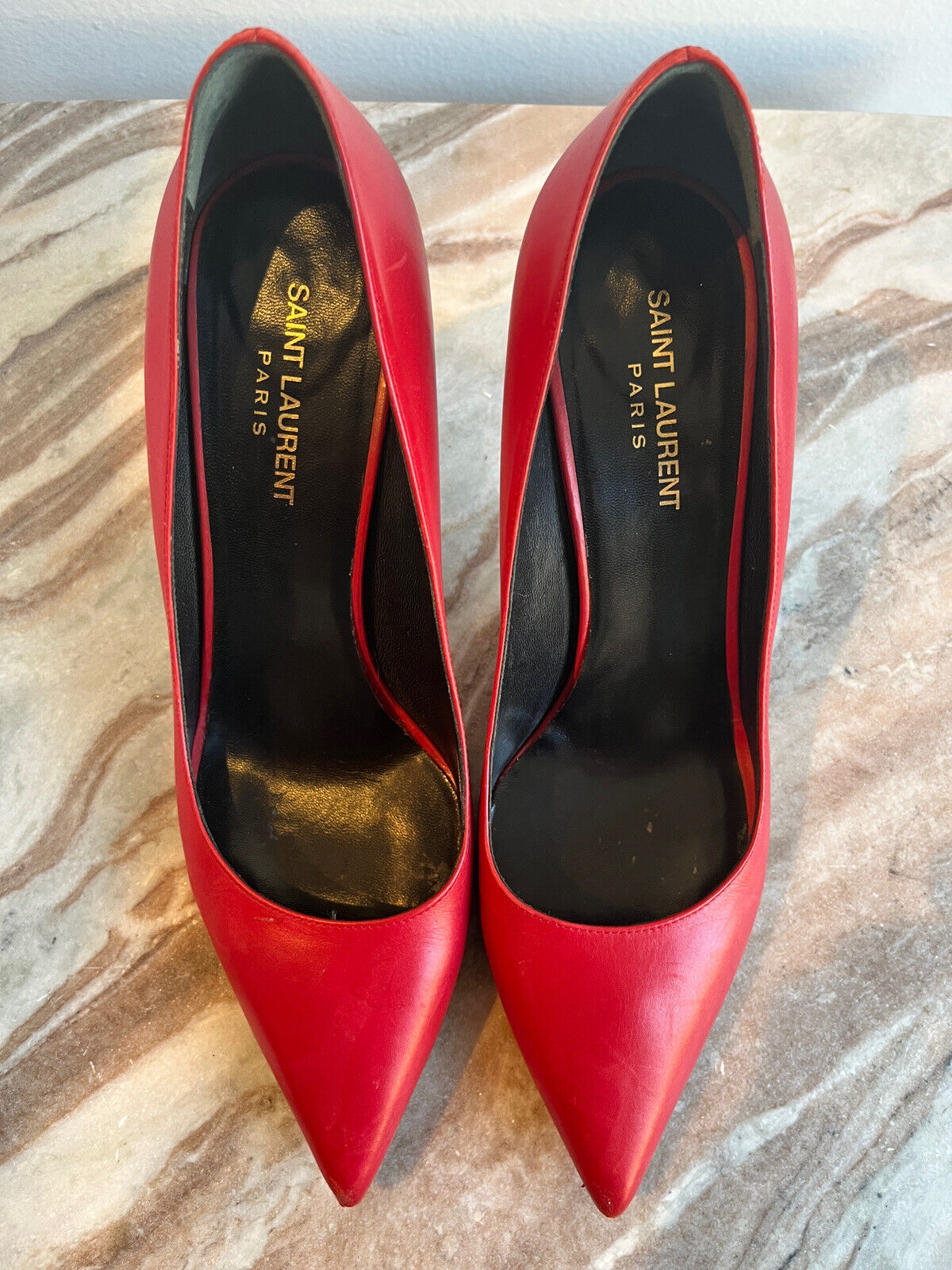 SAINT LAURENT Zoe Lipstick Red Leather 150mm Stiletto Heel Pointed Toe Pump 40.5