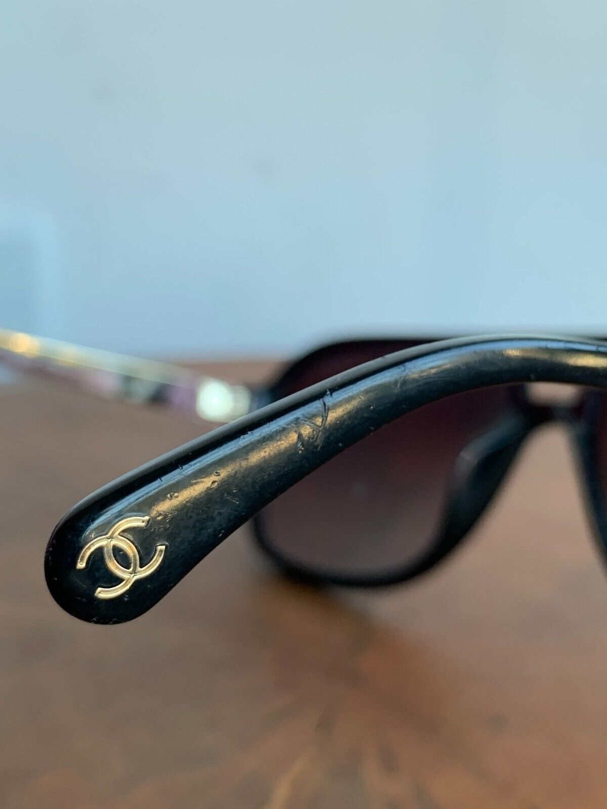 CHANEL Black Gold Acetate Calfskin Framed Pilot Aviator Glasses Sunglasses