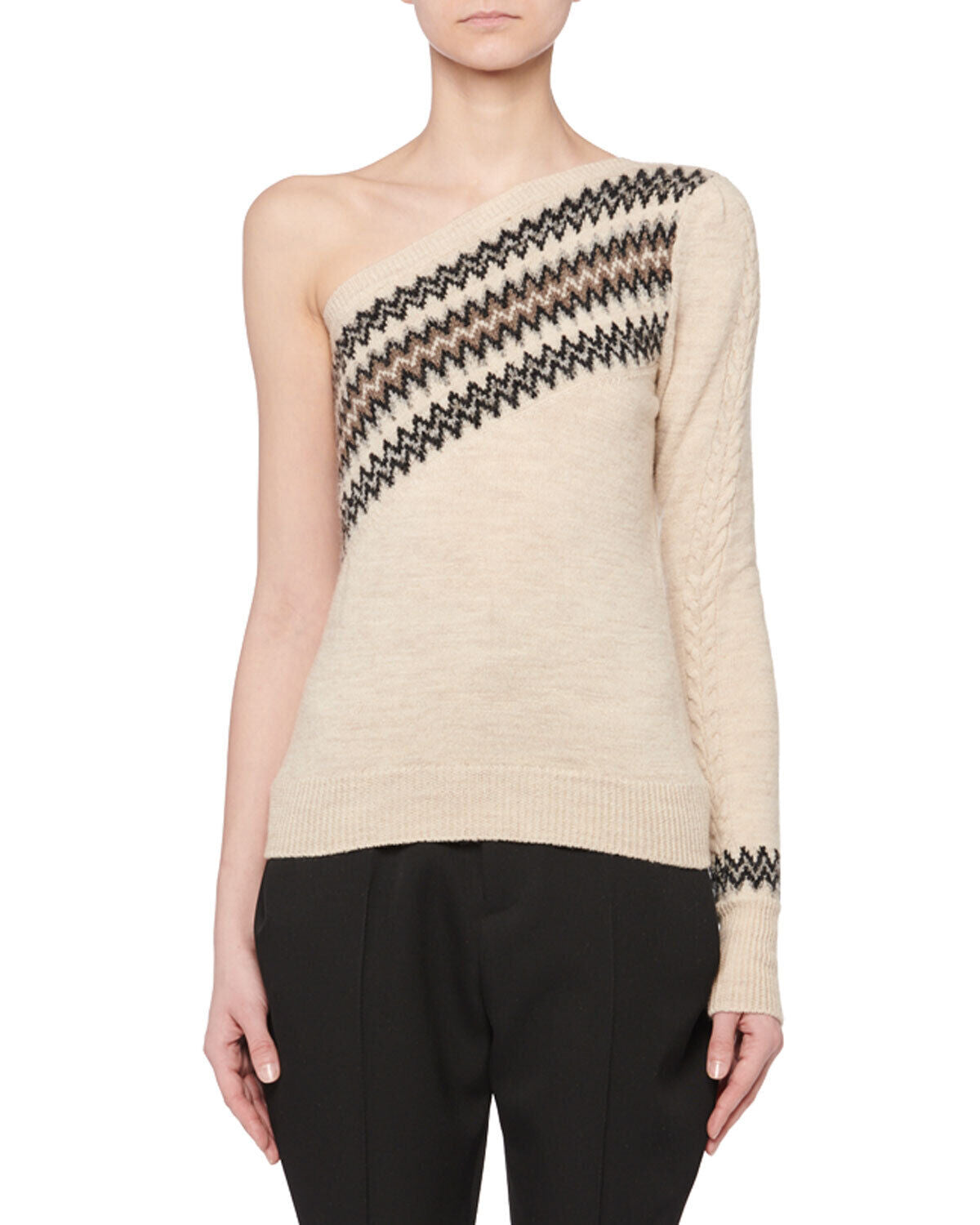 ISABEL MARANT Wild West Intarsia Beige One Shoulder Fair Isle Knit Sweater 34/2