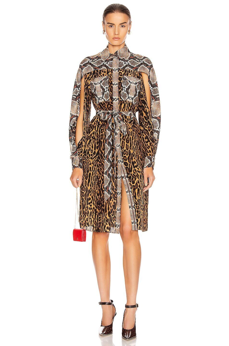 BURBERRY Costanza Brown Snakeskin Leopard Animal Print Silk Belt Shirt Dress 42