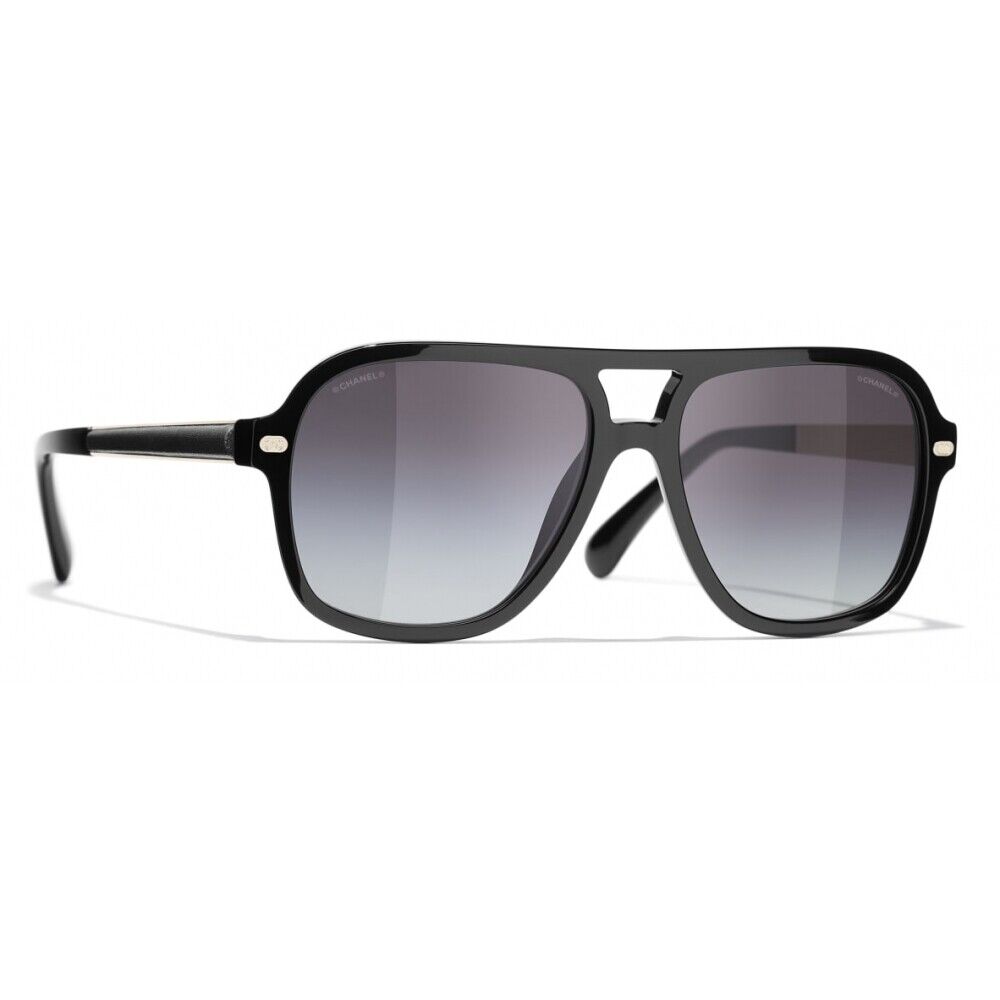 CHANEL Black Gold Acetate Calfskin Framed Pilot Aviator Glasses Sunglasses