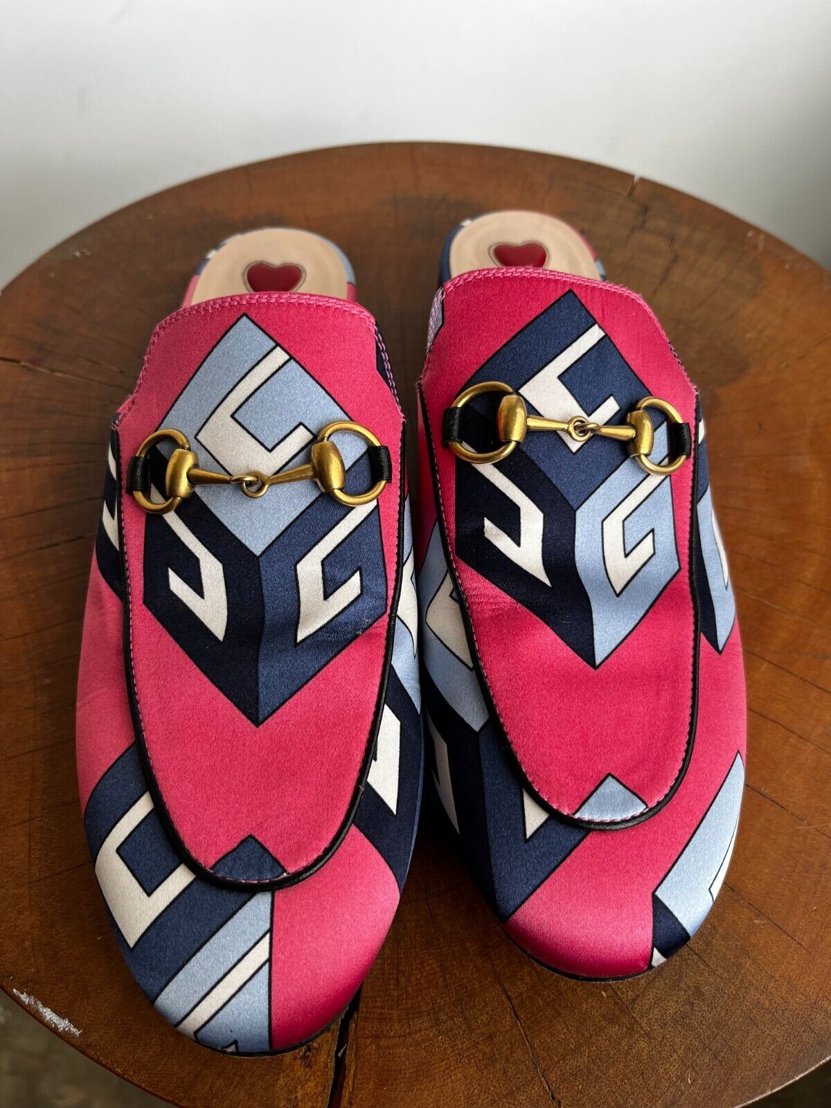 GUCCI Princetown Pink Geometric Wallpaper Print Satin Flat Slide Mule Shoe 35.5