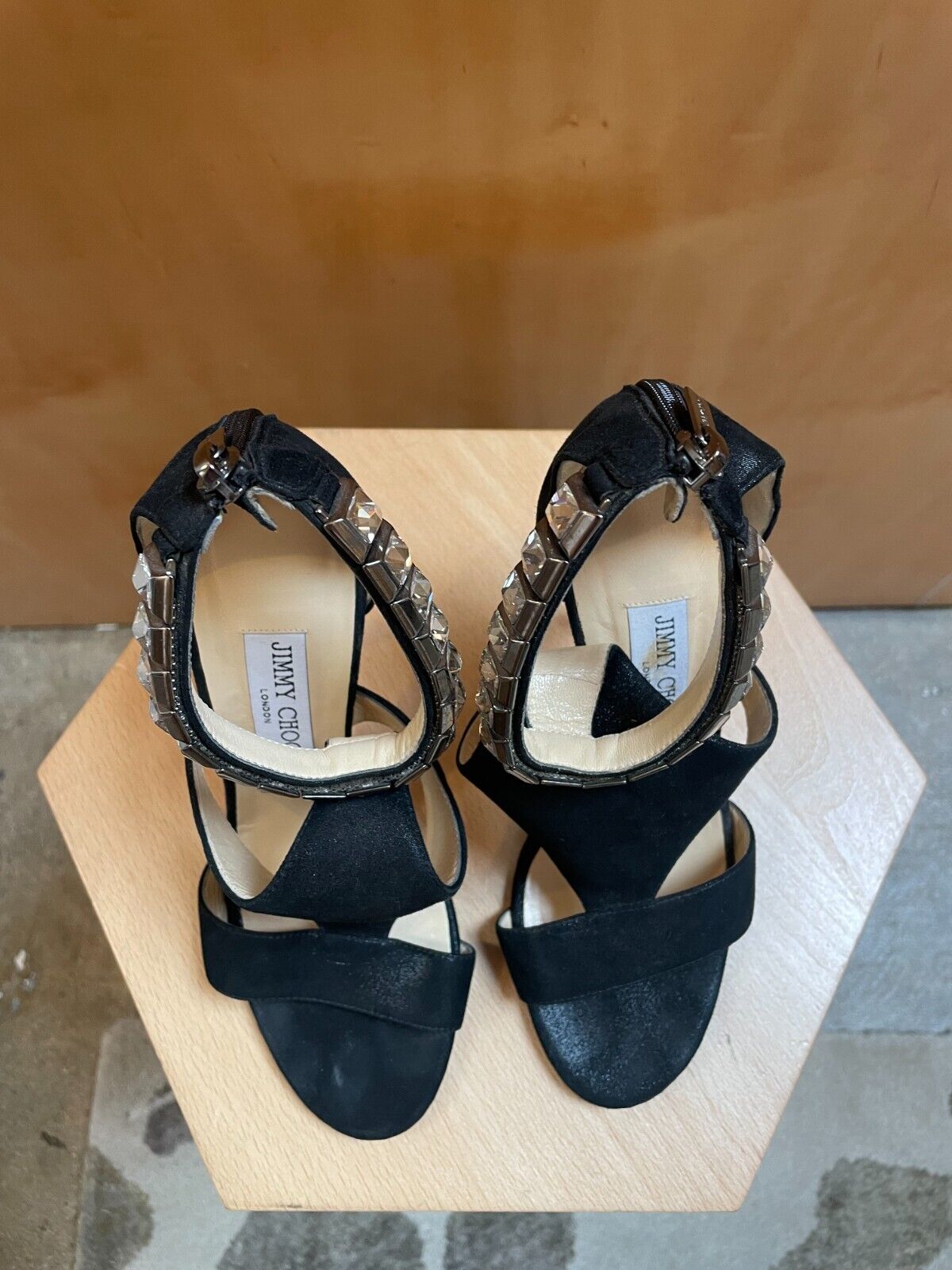 JIMMY CHOO Halo Black Suede Leather Rhinestone Shimmer Cut Out Stiletto Heel 38
