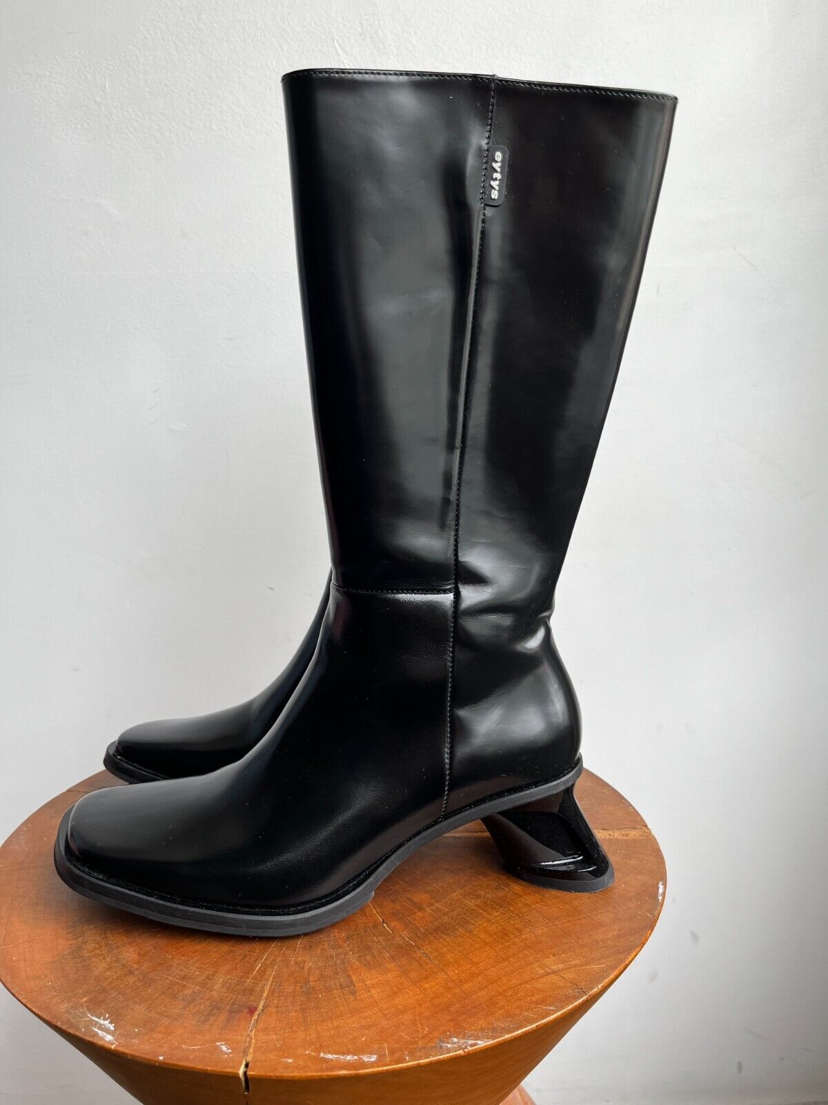 EYTYS Nova Black Patent Leather Square Toe Slant Heel Knee Calf High Boot 36
