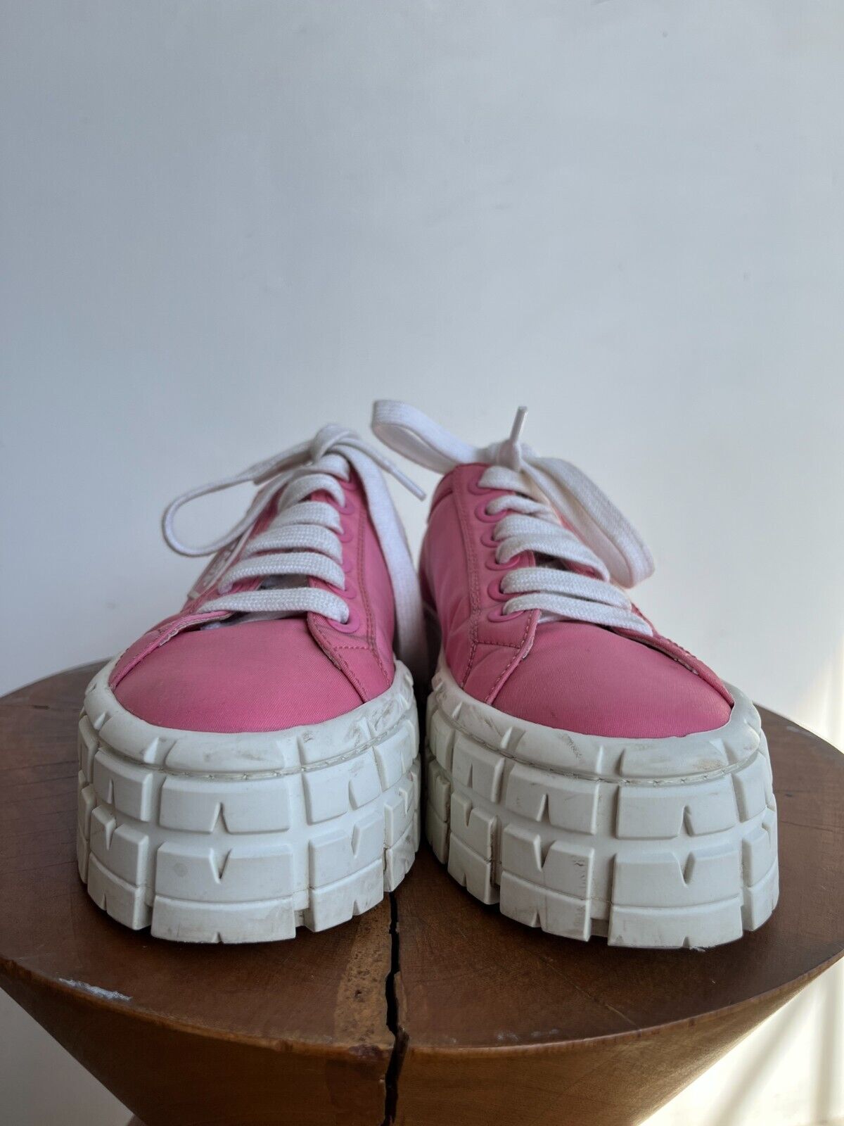 PRADA Double Wheel Gabardine Begonia Pink Nylon Platform Lug Sole Sneaker 38