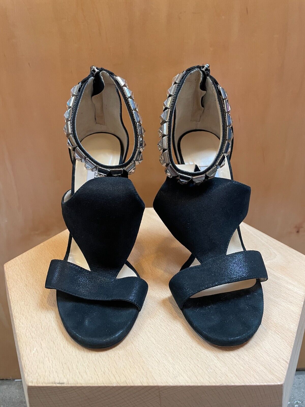 JIMMY CHOO Halo Black Suede Leather Rhinestone Shimmer Cut Out Stiletto Heel 38