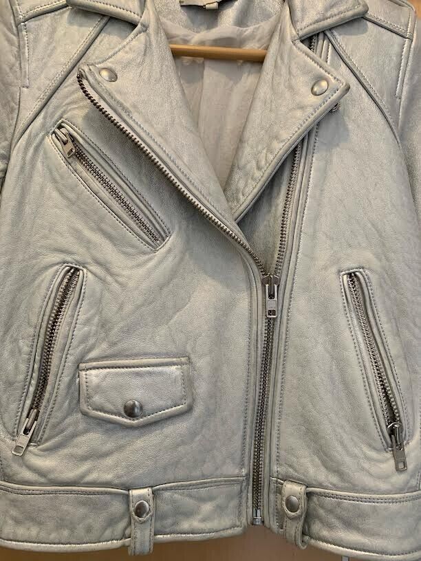 IRO Silver Metallic Iridescent Leather Asymmetric Zip Biker Moto Jacket 36/4/2