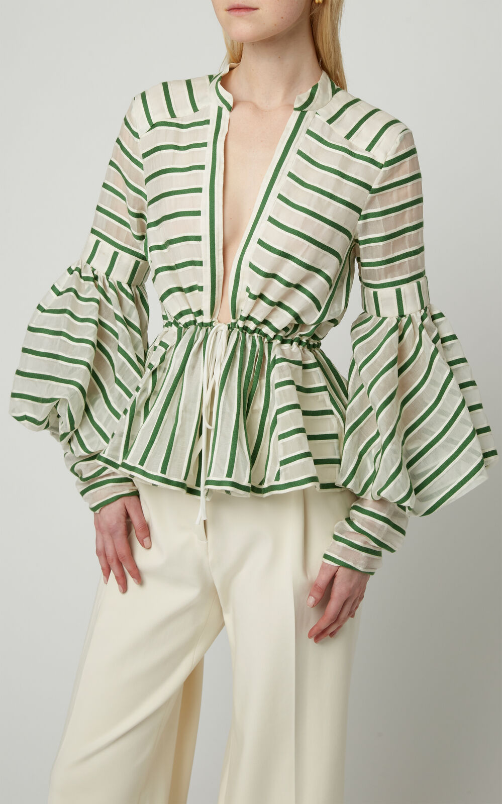 ROSIE ASSOULIN $1,600 White Green Stripe Print Organza Shirt Dress Top Blouse M