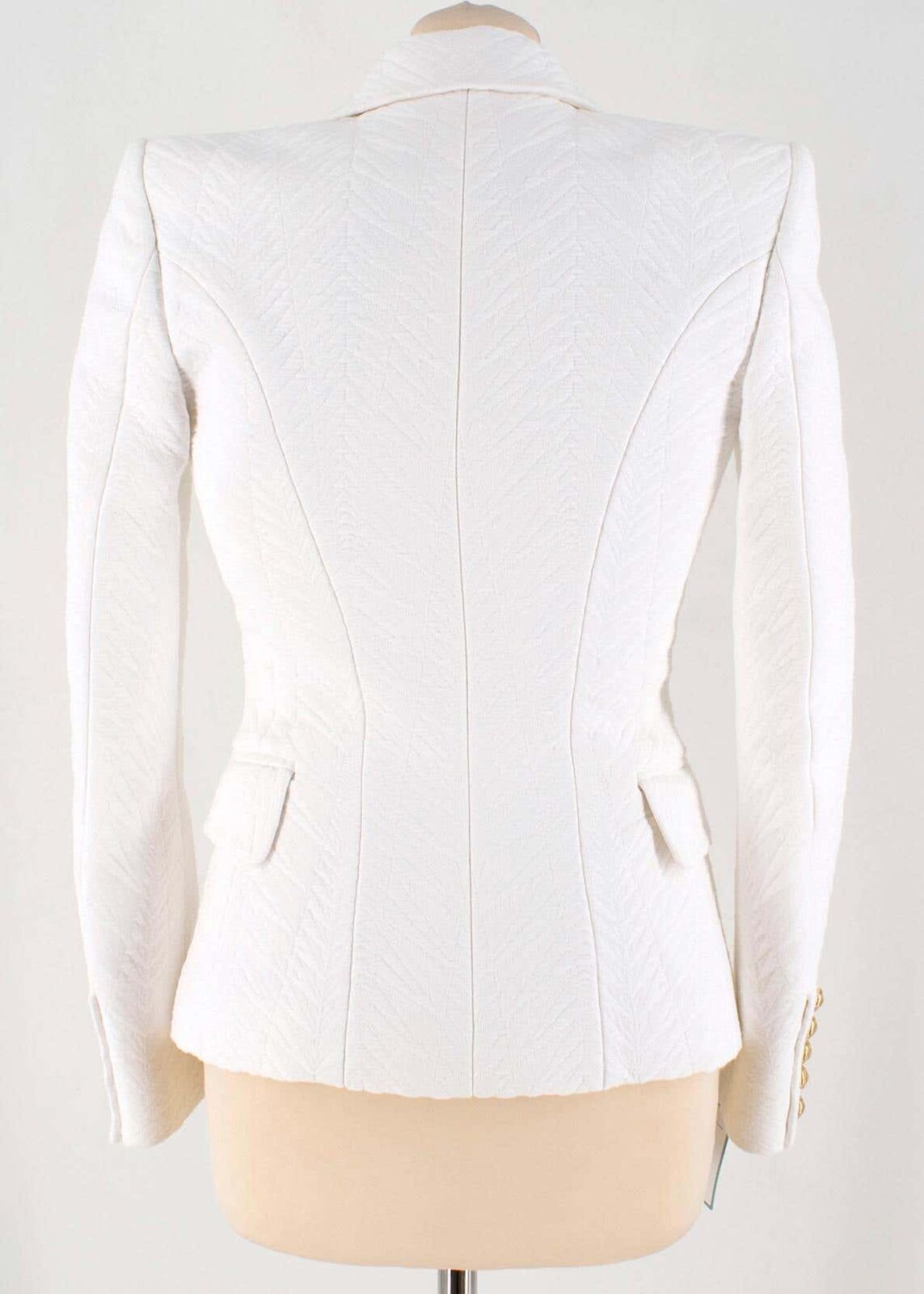 BALMAIN White Cotton Blend Matelasse Chevron Gold Button Jacket Blazer 36/4/2
