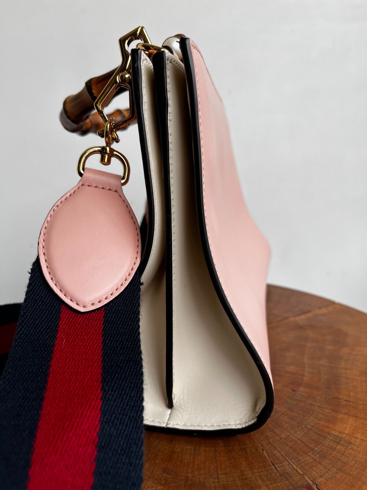 GUCCI NEW Nymphaea Pink Leather Bamboo Handle Web Stripe Shoulder Bag Purse