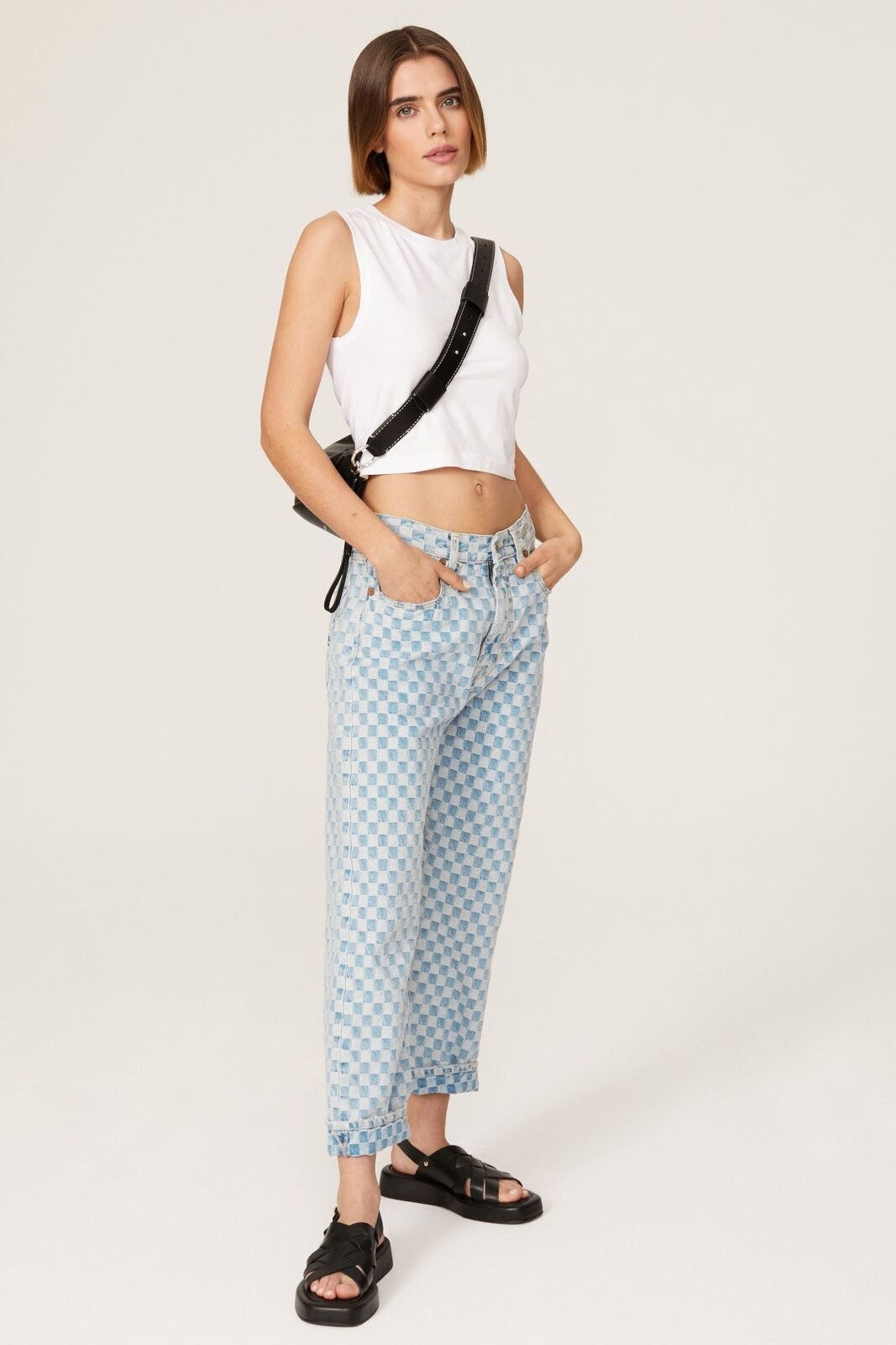 R13 Checkerboard Boyfriend Check Print Light Blue Wash Straight Relaxed Jean 25