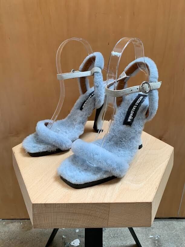 NICOLE SALDAÑA Dylan Shearling Faux Fur Baby Blue Garmentory Sandal Heel 38/8