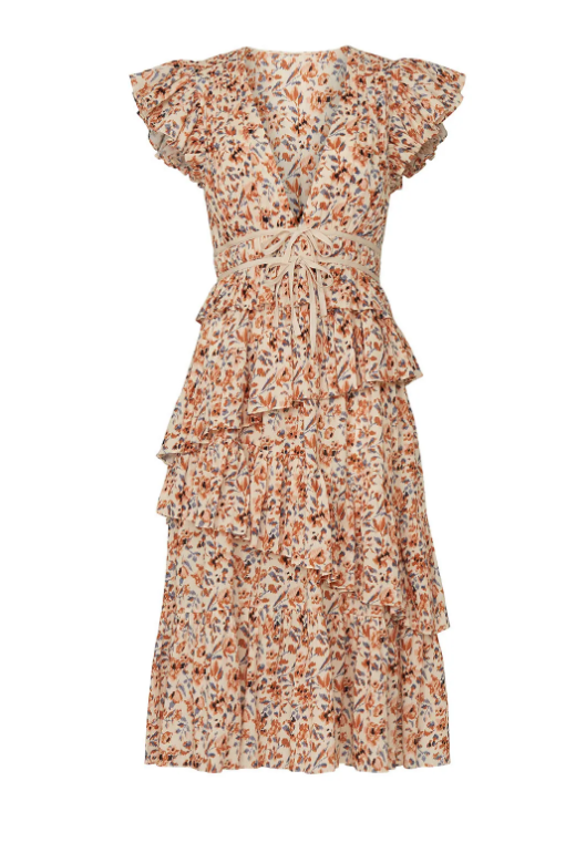 ULLA JOHNSON Madeline Ruffled Tiered Floral Sleeveless Orange Creme Midi Dress 4