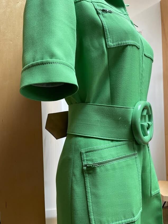 GUCCI Spring 18 Runway Cady Green Silk Wool Short Sleeve Belted Jumpsuit 38/2/0