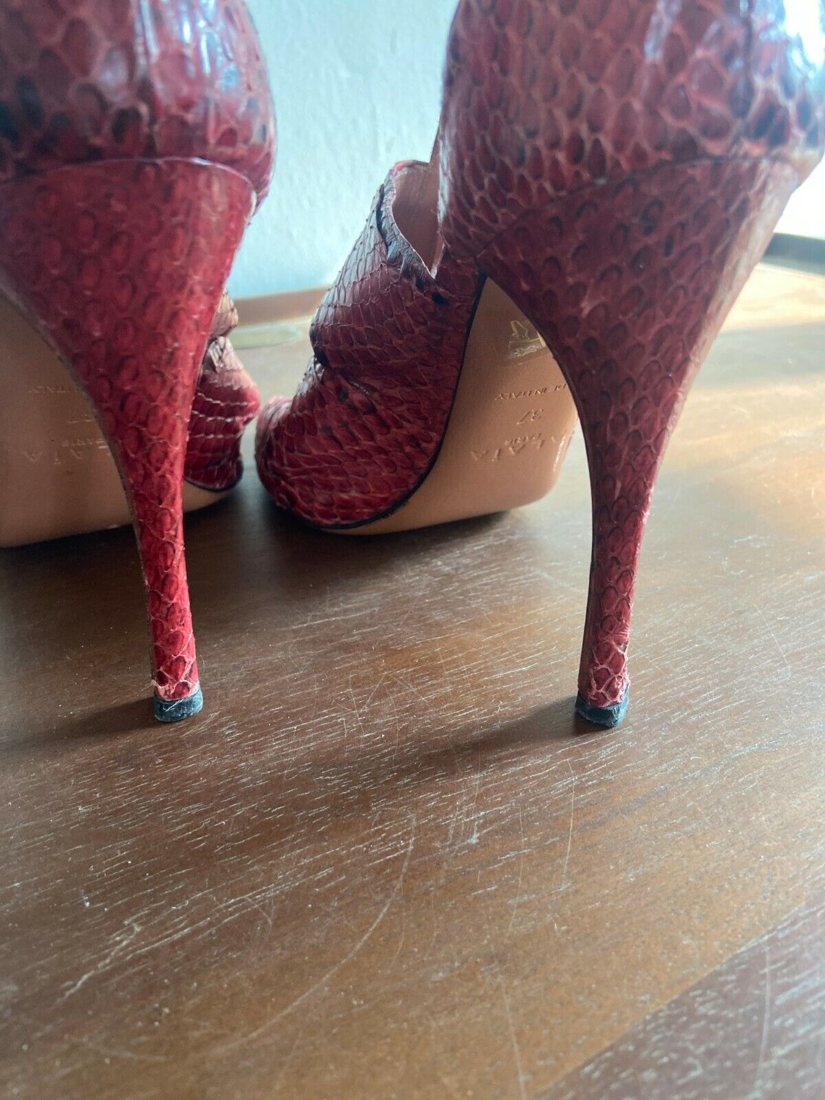 ALAIA Cerise Red Snakeskin Animal Print TStrap Strappy Sandal Heel 6.5/7/37