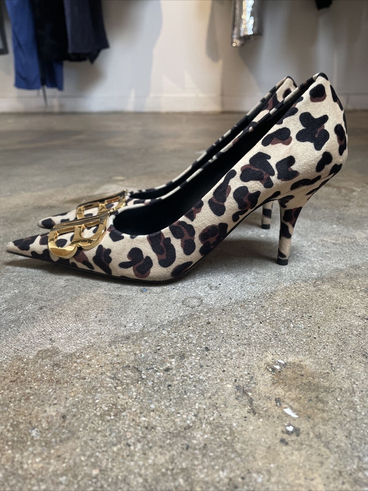 BALENCIAGA BB Scarpa Pelle Leopard Animal Print Suede Leather Kitten Heel 37/7