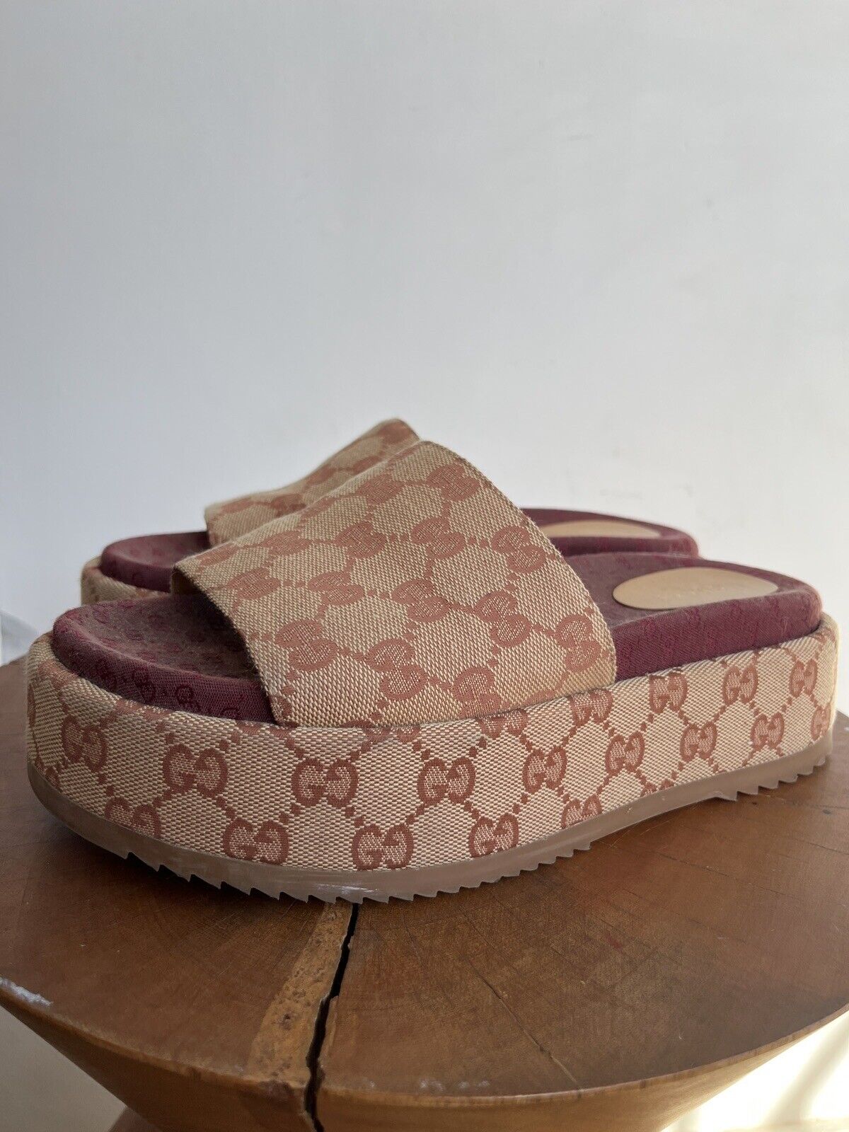 GUCCI Angelina Beige Red Maroon Canvas Monogram Platform Slide Sandal Shoe 38