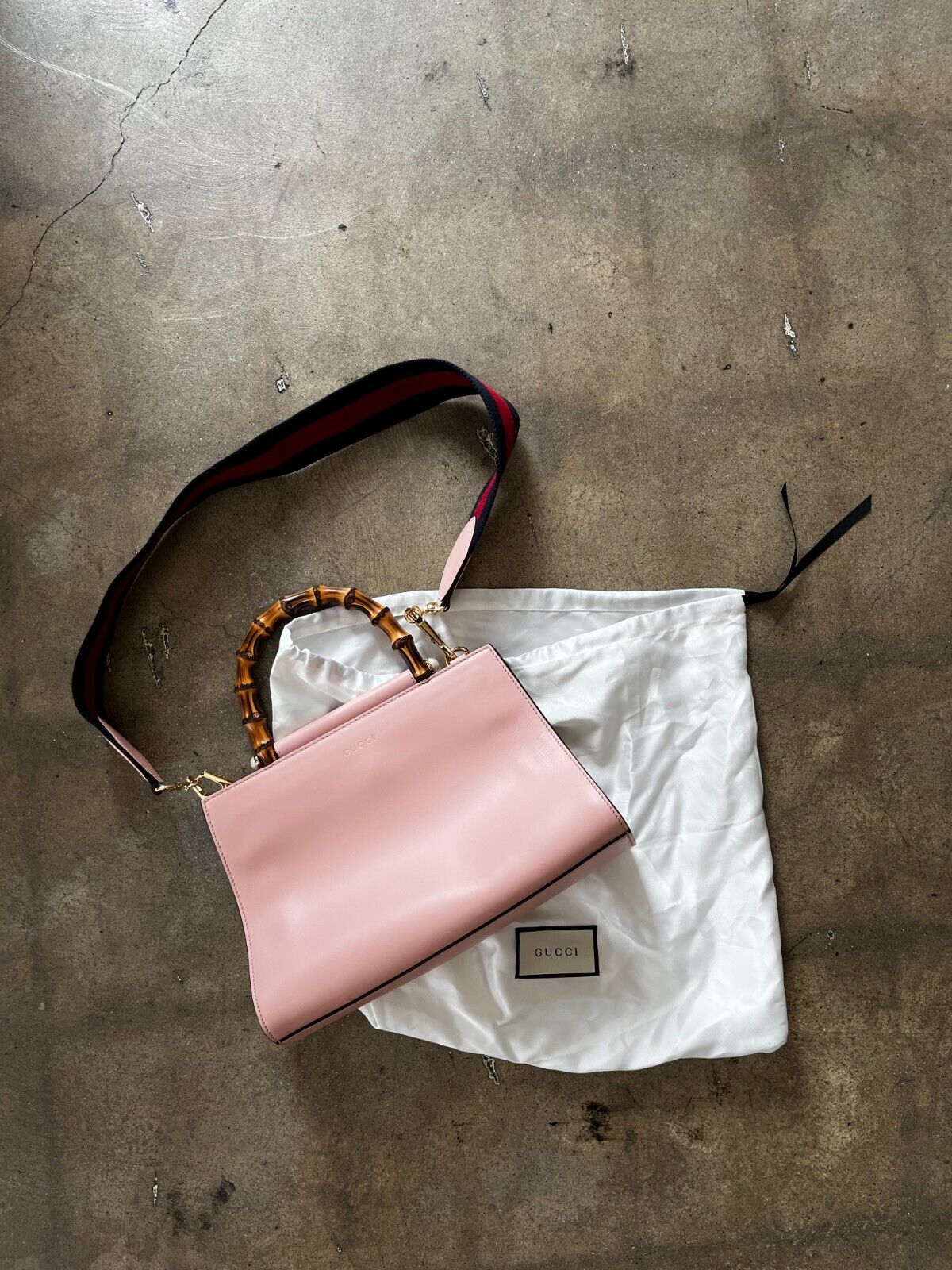 GUCCI NEW Nymphaea Pink Leather Bamboo Handle Web Stripe Shoulder Bag Purse