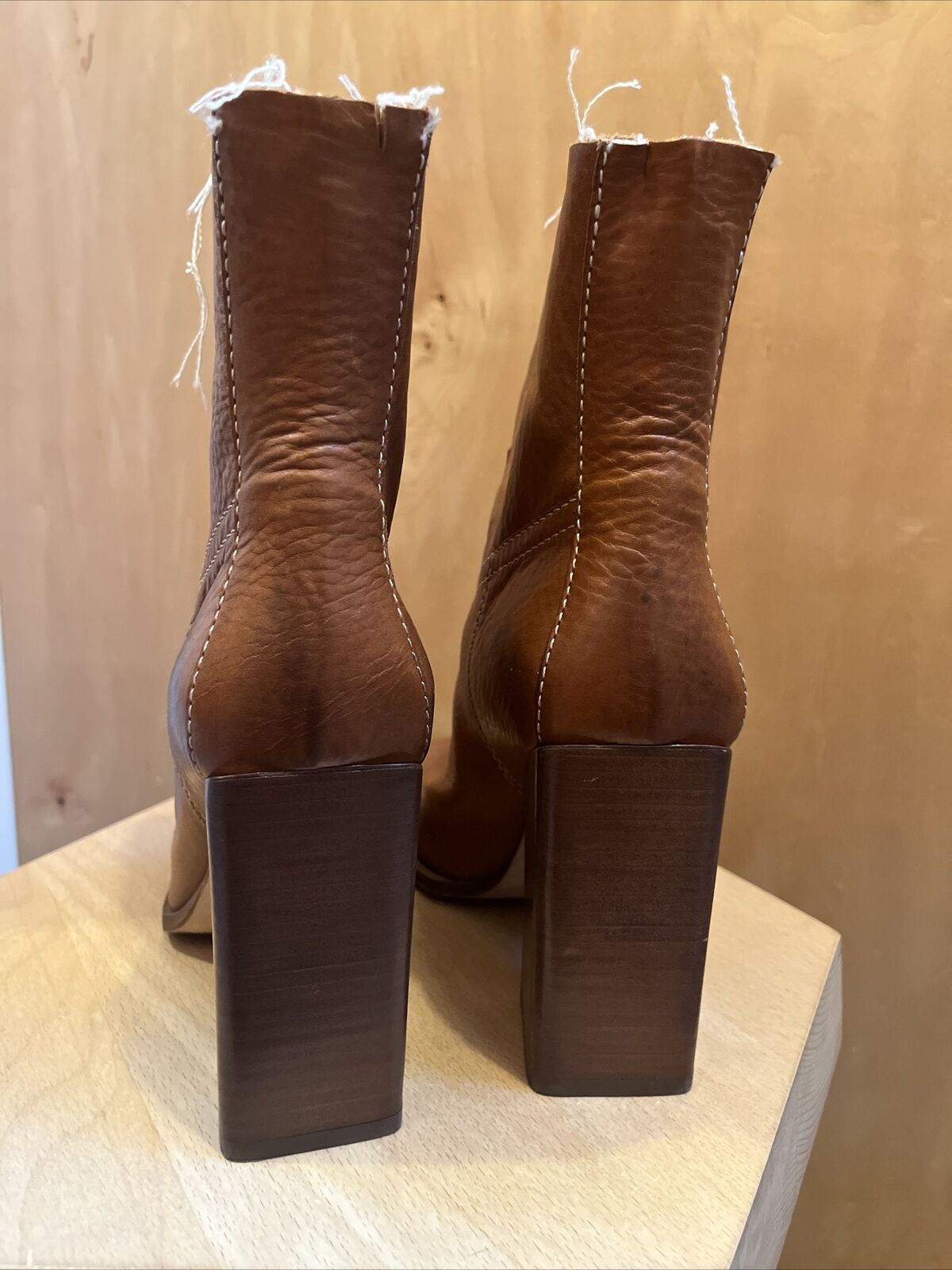 SAINT LAURENT Jodie Tan Camel Raw Edge Cut Off Ankle Calf Heel Ankle Boot 37.5