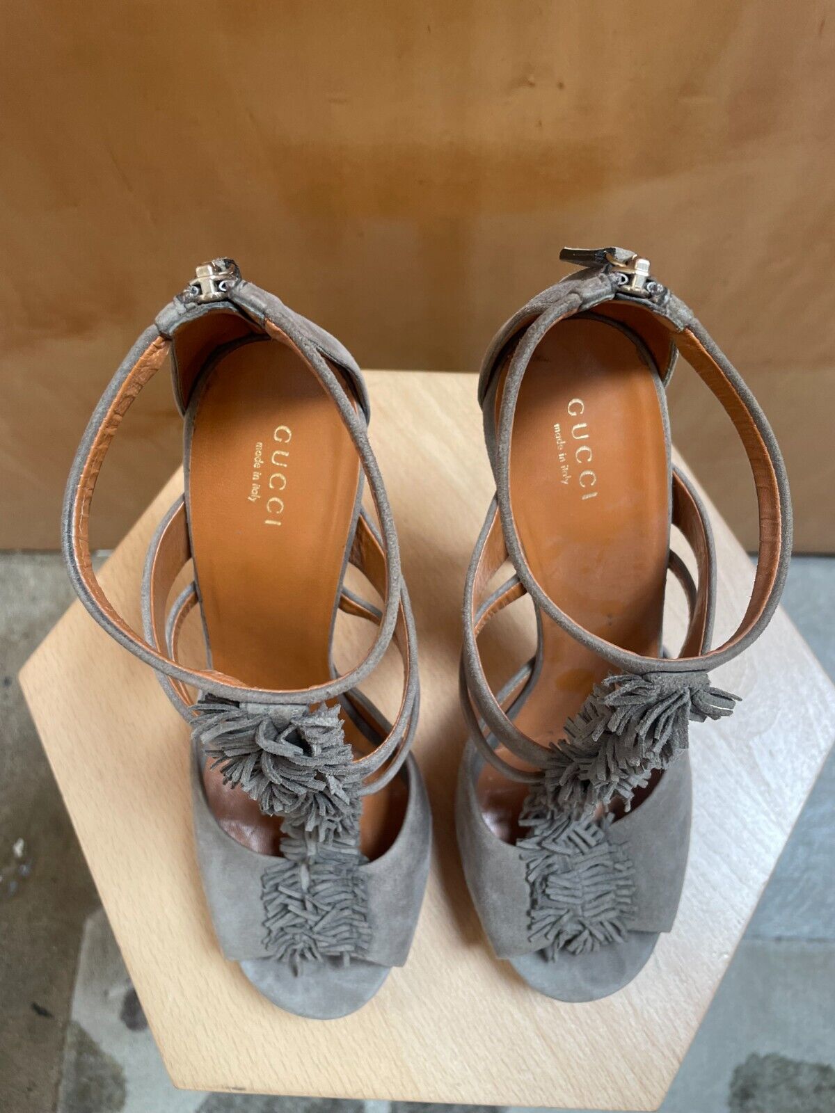 GUCCI Rare Gray Suede Leather Fringe TStrap Strappy Cut Out Heel Shoe 37.5/7.5