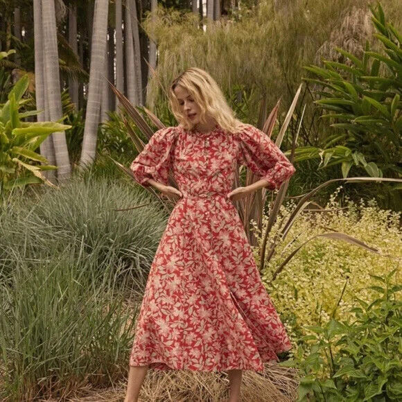 DOEN Edessa Red White Floral Jardin Majorelle Print Long Sleeve Midi Dress L