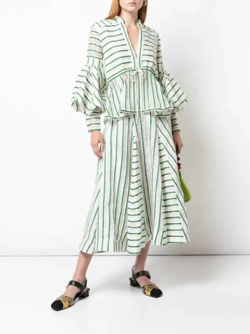 ROSIE ASSOULIN NWT Flouncy Striped White Green Stripe Print Organza Midi Skirt 6
