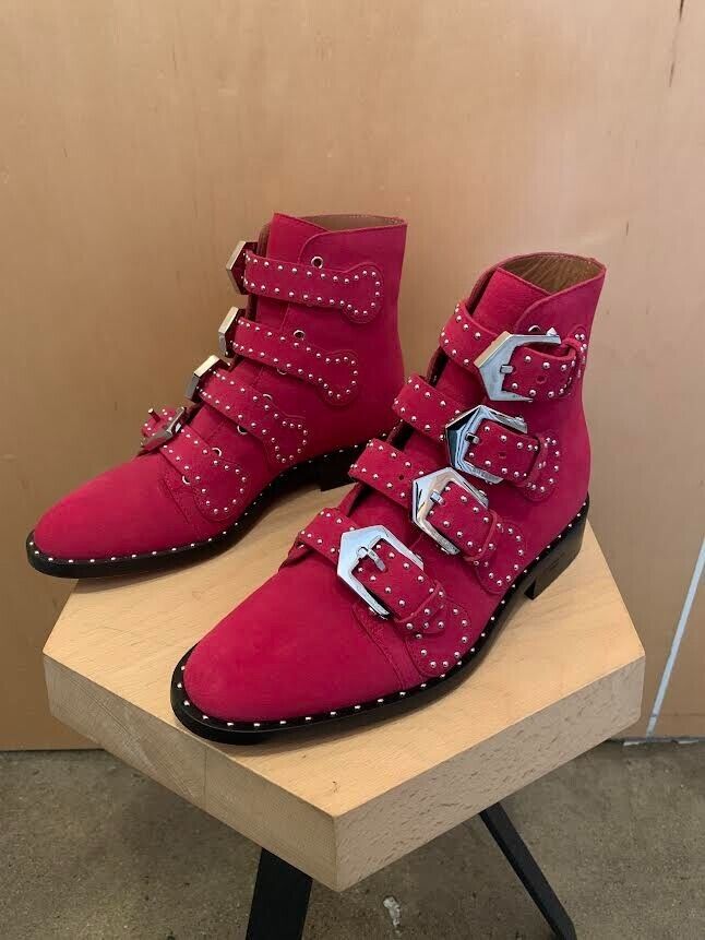 GIVENCHY Fuchsia Pink Bottine Elegant Studded Leather Ankle Moto Biker Boots 35