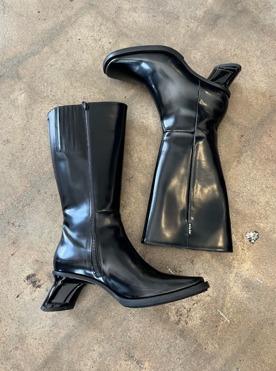 EYTYS Nova Black Patent Leather Square Toe Slant Heel Knee Calf High Boot 36