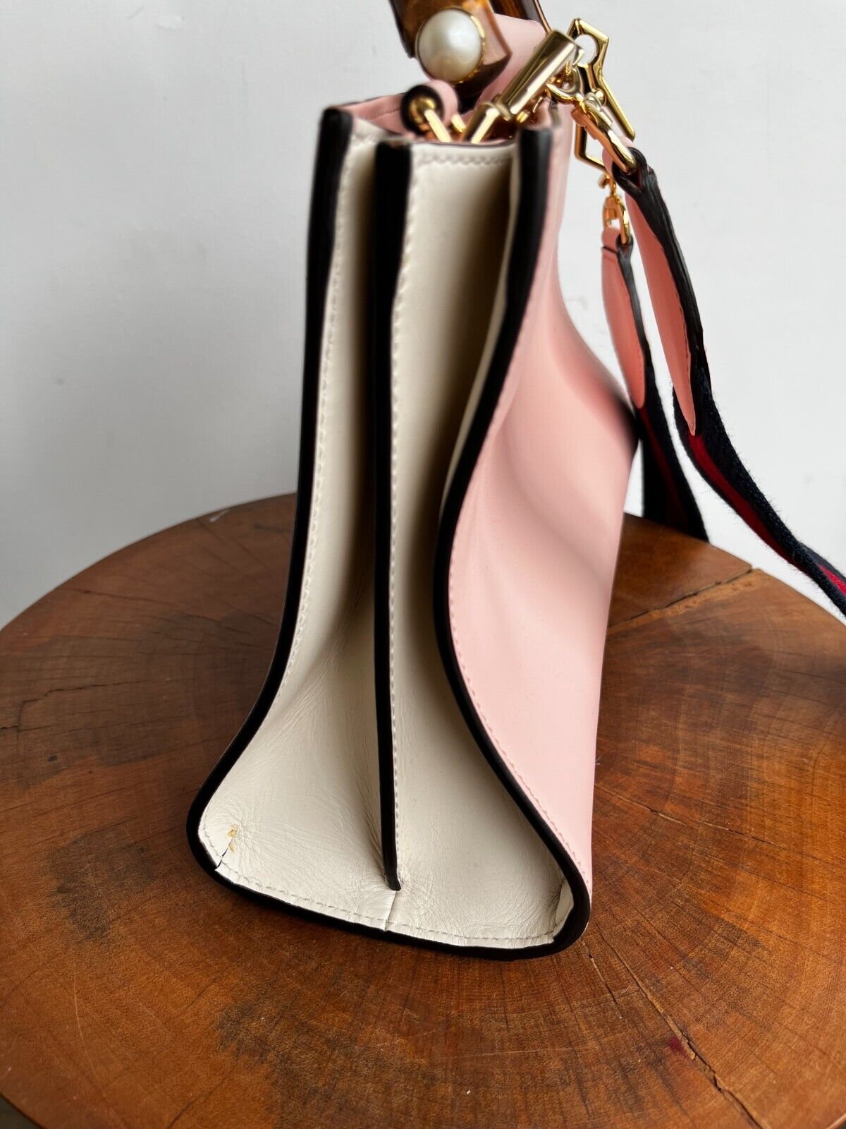 GUCCI NEW Nymphaea Pink Leather Bamboo Handle Web Stripe Shoulder Bag Purse