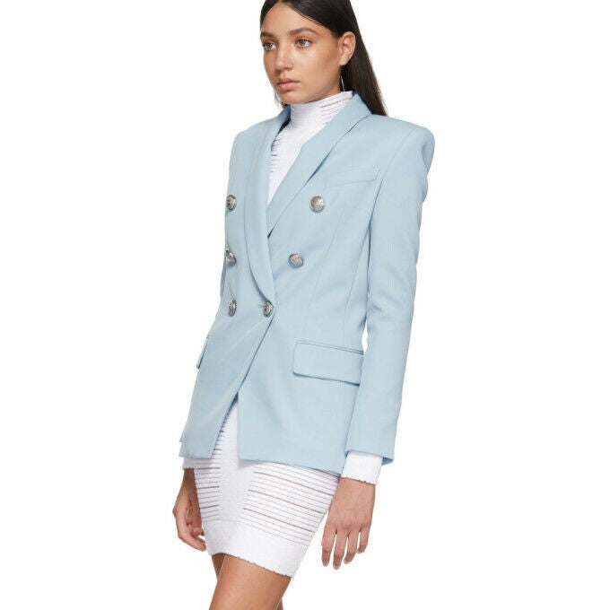 BALMAIN NEW $2500 Light Steel Pastel Blue Double Breasted Jacket Blazer 34/0