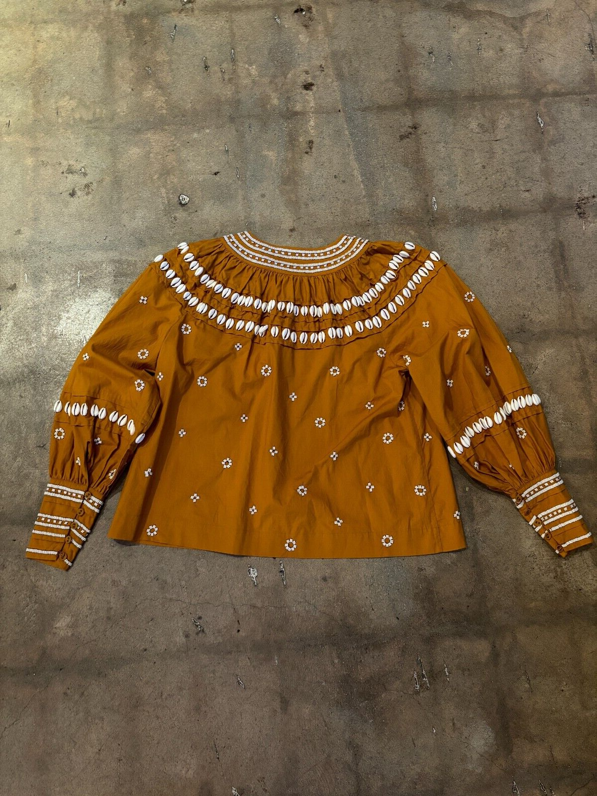 ULLA JOHNSON Tana Ochre Mustard Brown Shell Sequin Embellished Long Sleeve Top 0