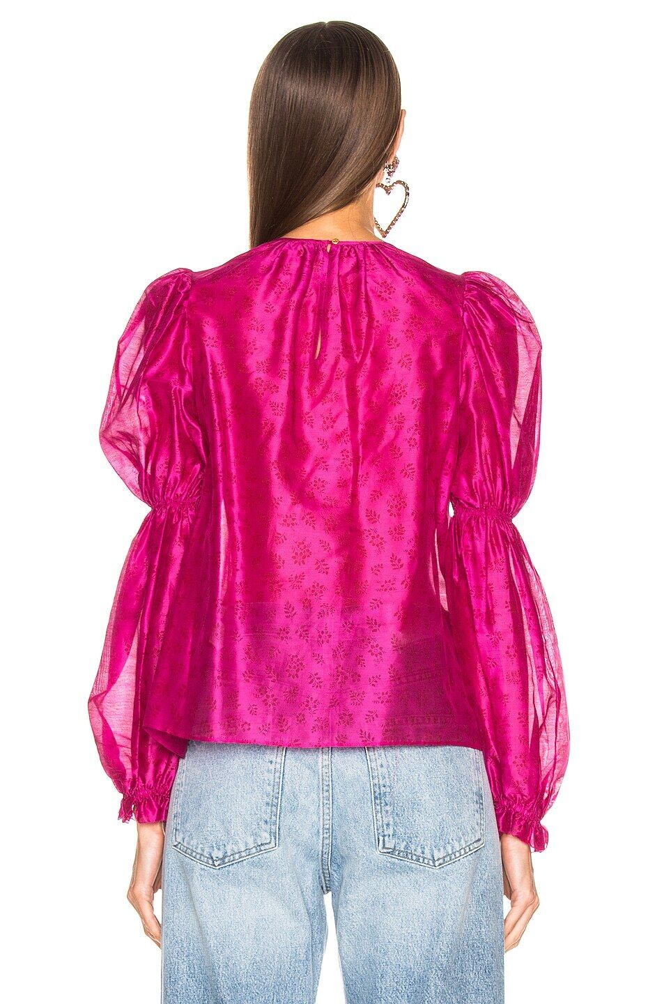 ULLA JOHNSON Aster Fuchsia Bright Pink Silk Floral Print Puff Slv Top Blouse 10