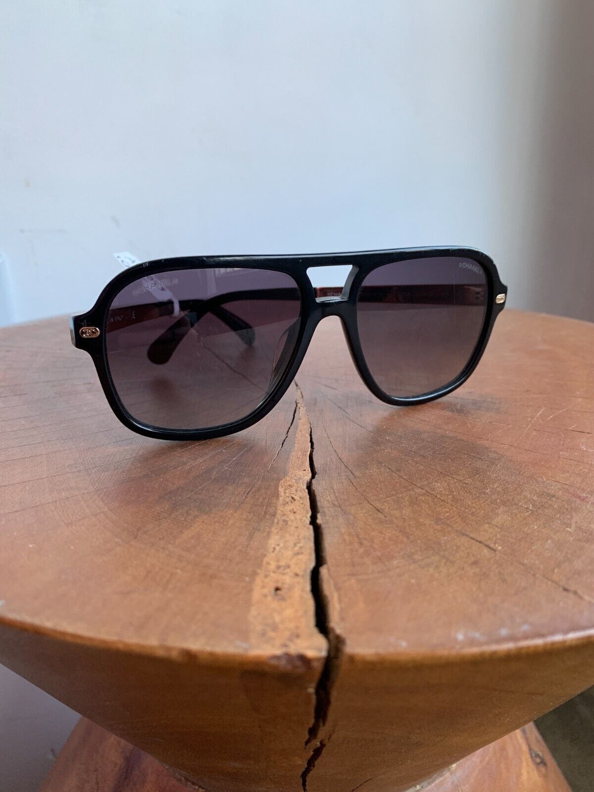 CHANEL Black Gold Acetate Calfskin Framed Pilot Aviator Glasses Sunglasses