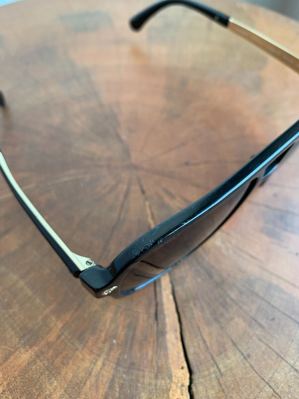 CHANEL Black Gold Acetate Calfskin Framed Pilot Aviator Glasses Sunglasses