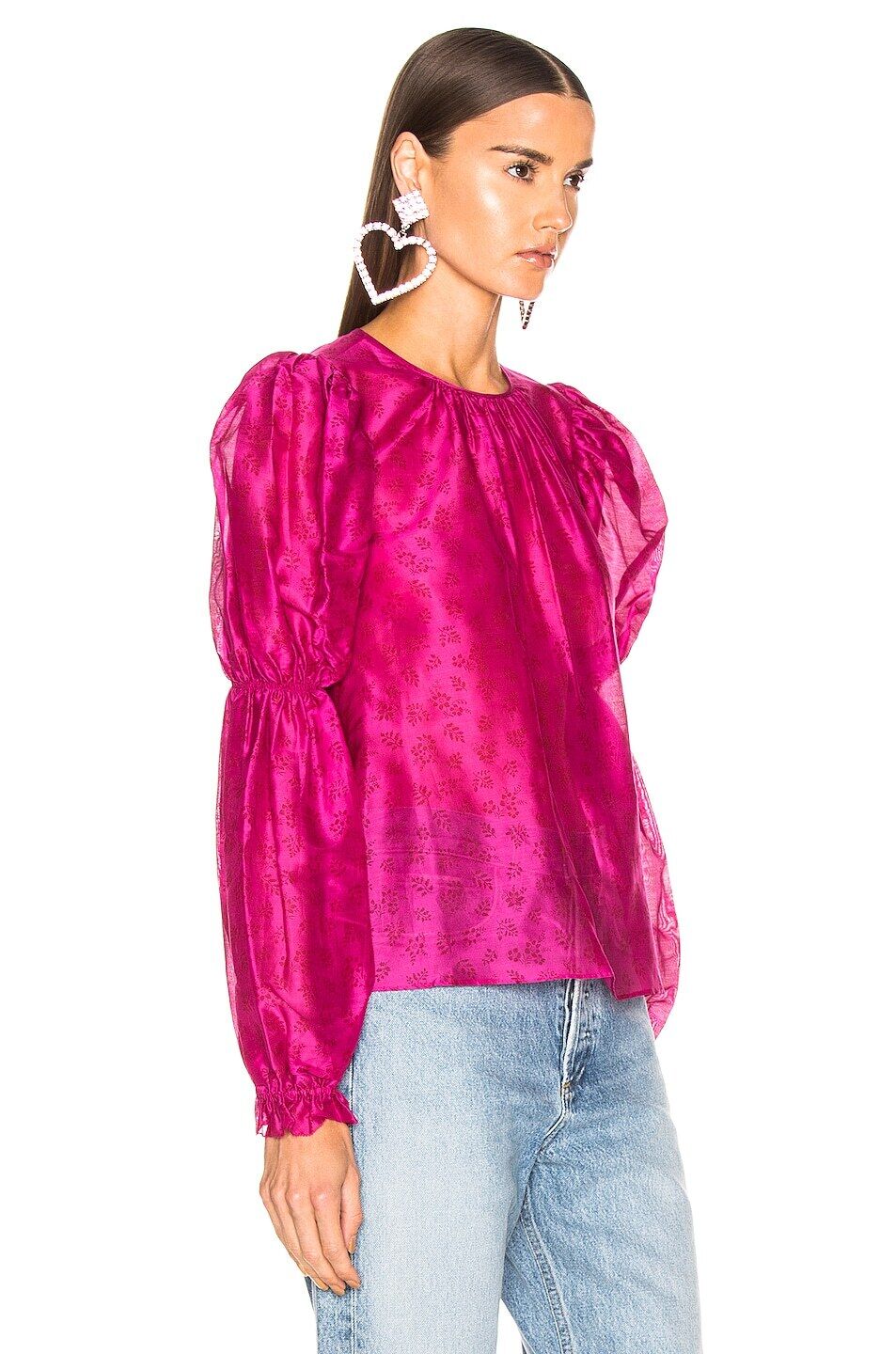 ULLA JOHNSON Aster Fuchsia Bright Pink Silk Floral Print Puff Slv Top Blouse 10