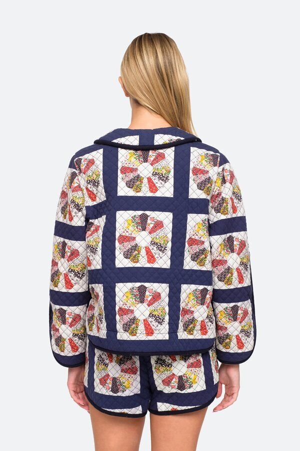 SEA NEW YORK Pippin Navy Blue White Patchwork Quilted Peter Pan Collar Jacket S