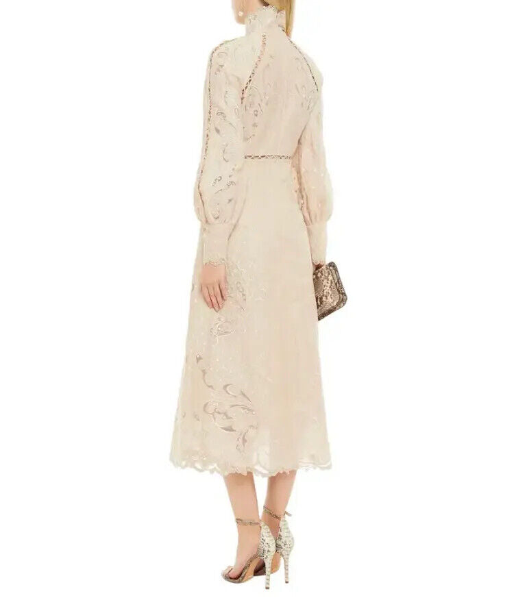 ZIMMERMANN $2875 Super Eight Embroidered Bone Beige Linen Silk Midi Gown Dress 0