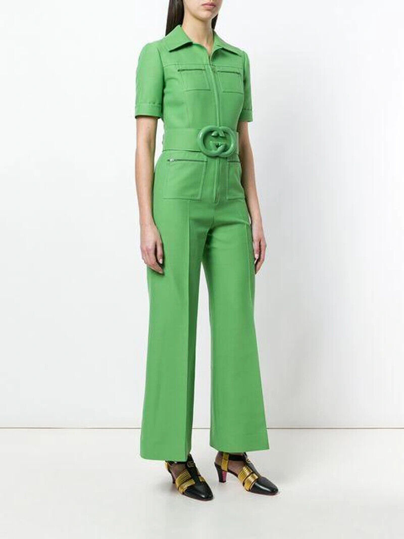 GUCCI Spring 18 Runway Cady Green Silk Wool Short Sleeve Belted Jumpsuit 38/2/0