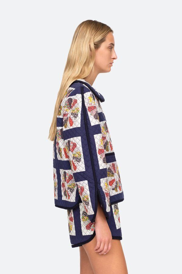 SEA NEW YORK Pippin Navy Blue White Patchwork Quilted Peter Pan Collar Jacket S