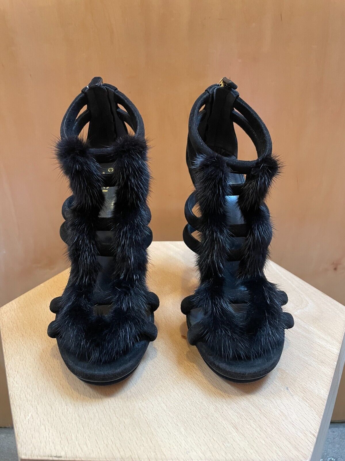GUCCI Black Suede Mink Fur TStrap Ankle Strappy Platform Stiletto Cage Heel 37.5