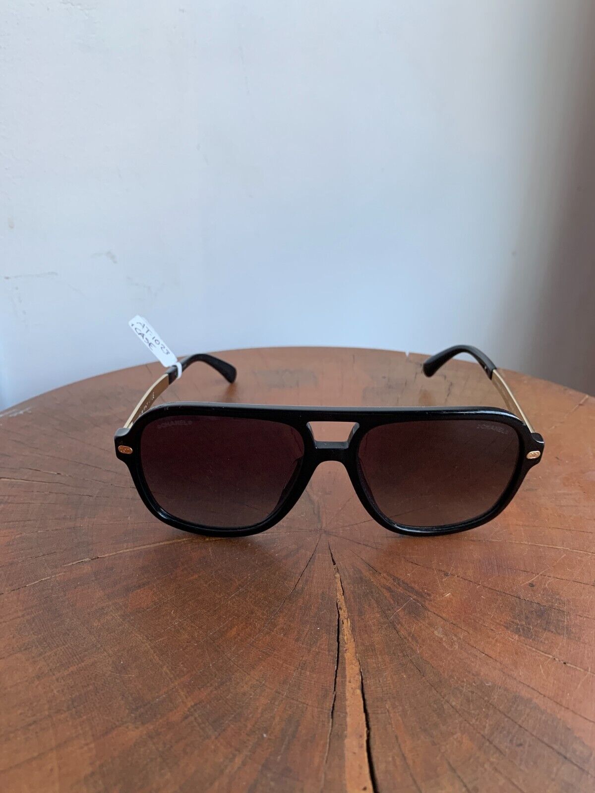 CHANEL Black Gold Acetate Calfskin Framed Pilot Aviator Glasses Sunglasses