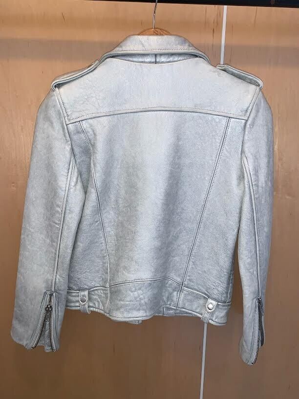 IRO Silver Metallic Iridescent Leather Asymmetric Zip Biker Moto Jacket 36/4/2